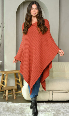 WOMEN'S RIBBED LONG PONCHO SWEATER, Small - Large