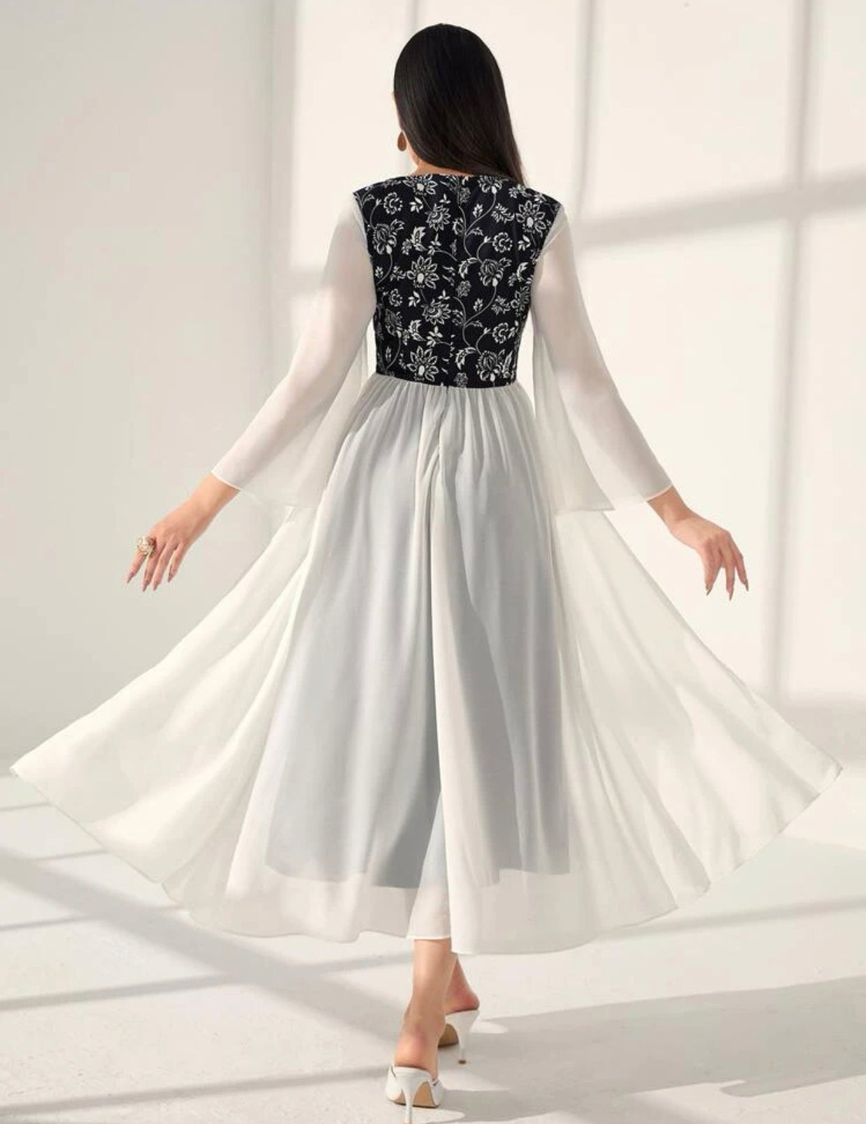Asymmetrical Embroidered Trumpet Sleeve Dress