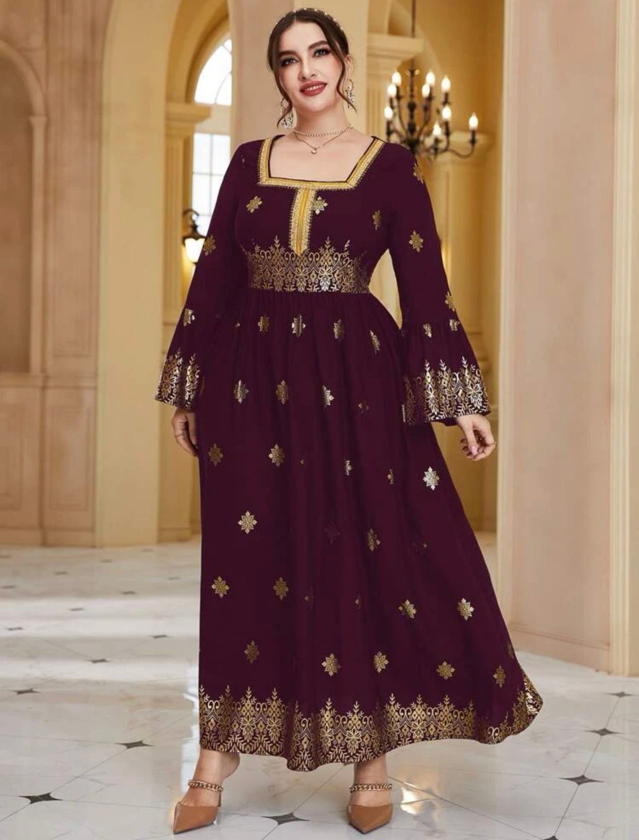 Elegant Arabic/Indian Golden Floral Trumpet Sleeve Dress, US Sizes 12 - 22