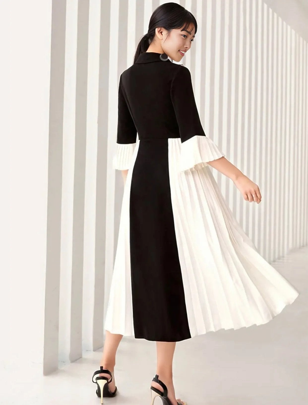 Color Block Lapel Collar Dress