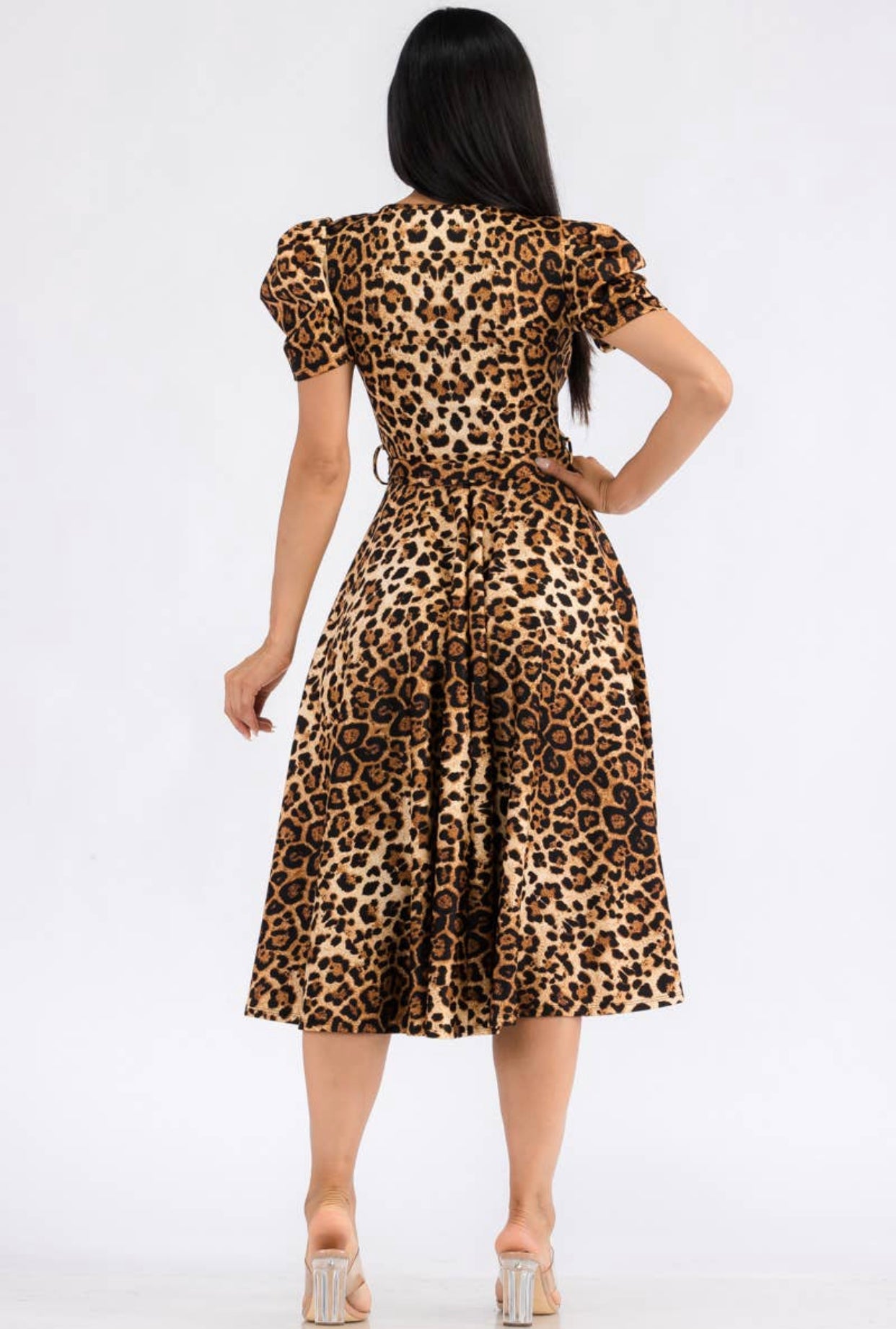 Puff Sleeve Leopard Print Dress, Sizes 1X - 3X (Light Leopard Print)