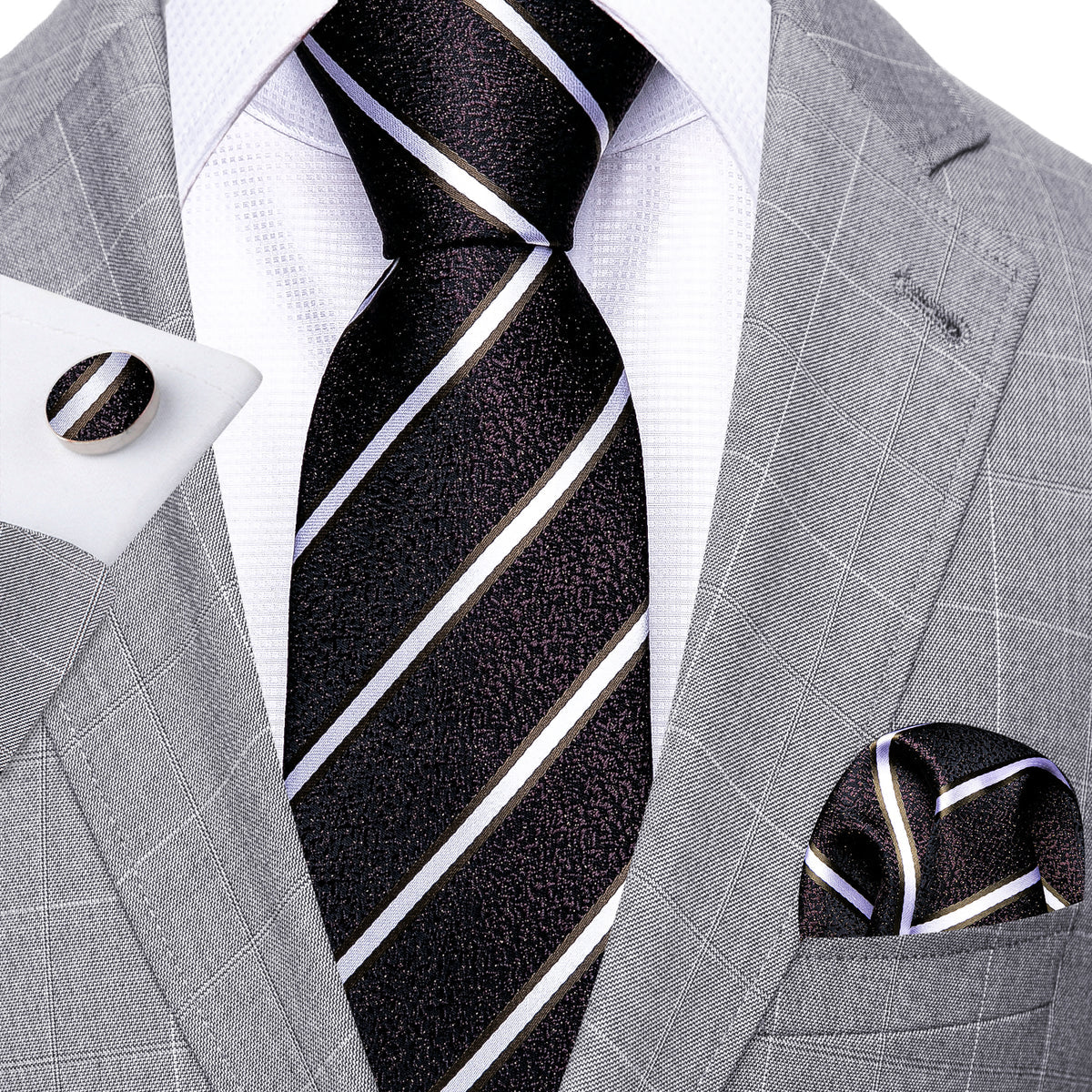 Men’s Silk Coordinated Tie Set - Black White Striped (5301)