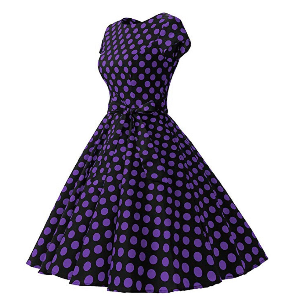 Rockability Cap-Sleeve Dress, Black with Purple Polka Dots, Sizes XS - 3XL