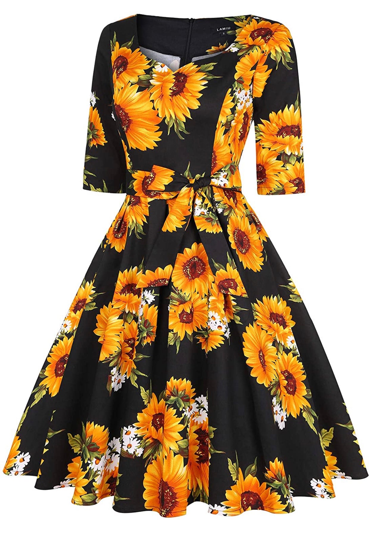 Sweetheart Neckline Rockability Sunflower Black Dress, Sizes Small - 2XLarge (US Sized 4 - 22)