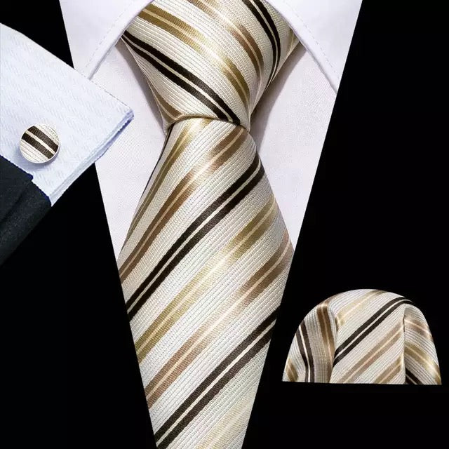 Men’s Silk Coordinated Tie Set - Brown Gold Beige Striped (5434)