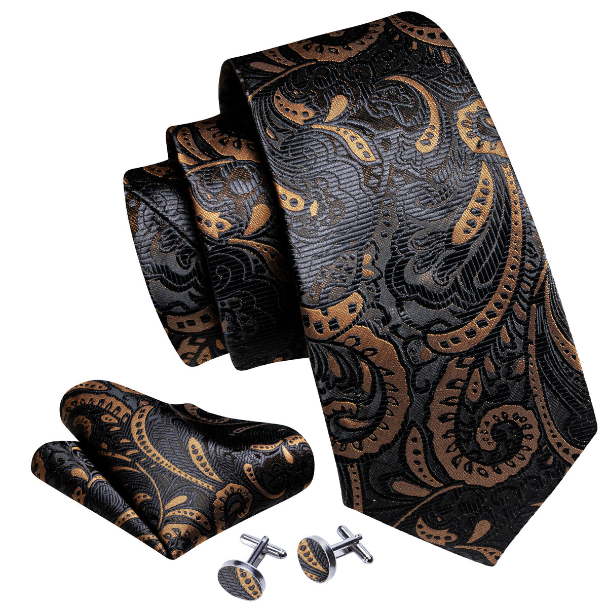Men’s Silk Coordinated Tie Set - Black Gold Paisley (6055)