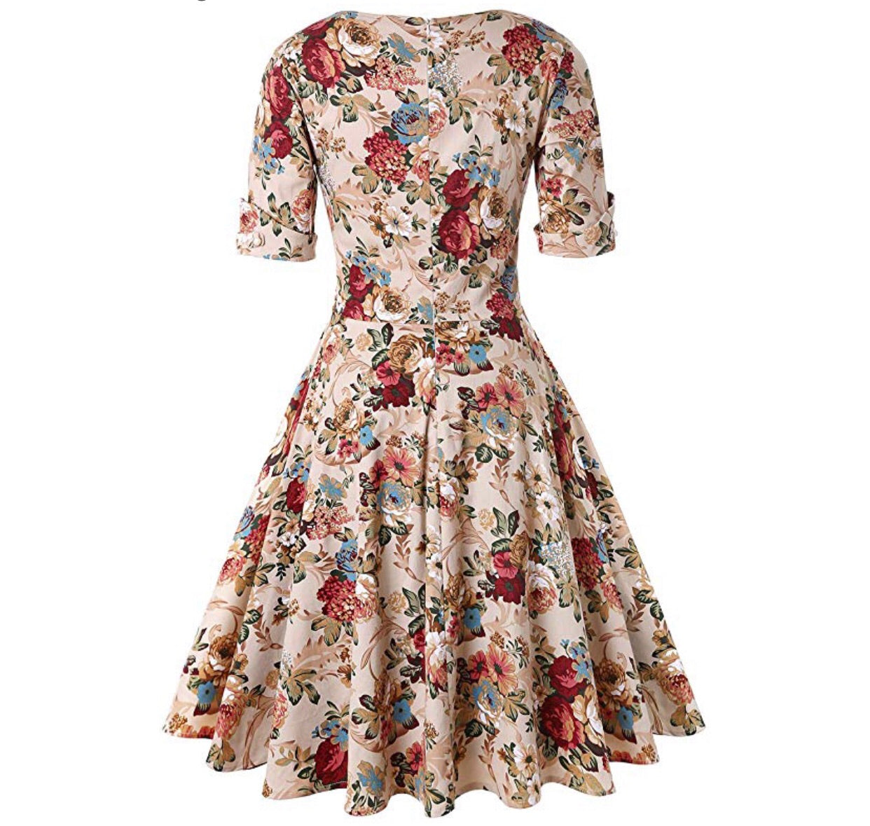 V-Neck Retro Look Swing Dress, Sizes Small - 2XLarge (US Sizes 4 - 22) Floral Apricot