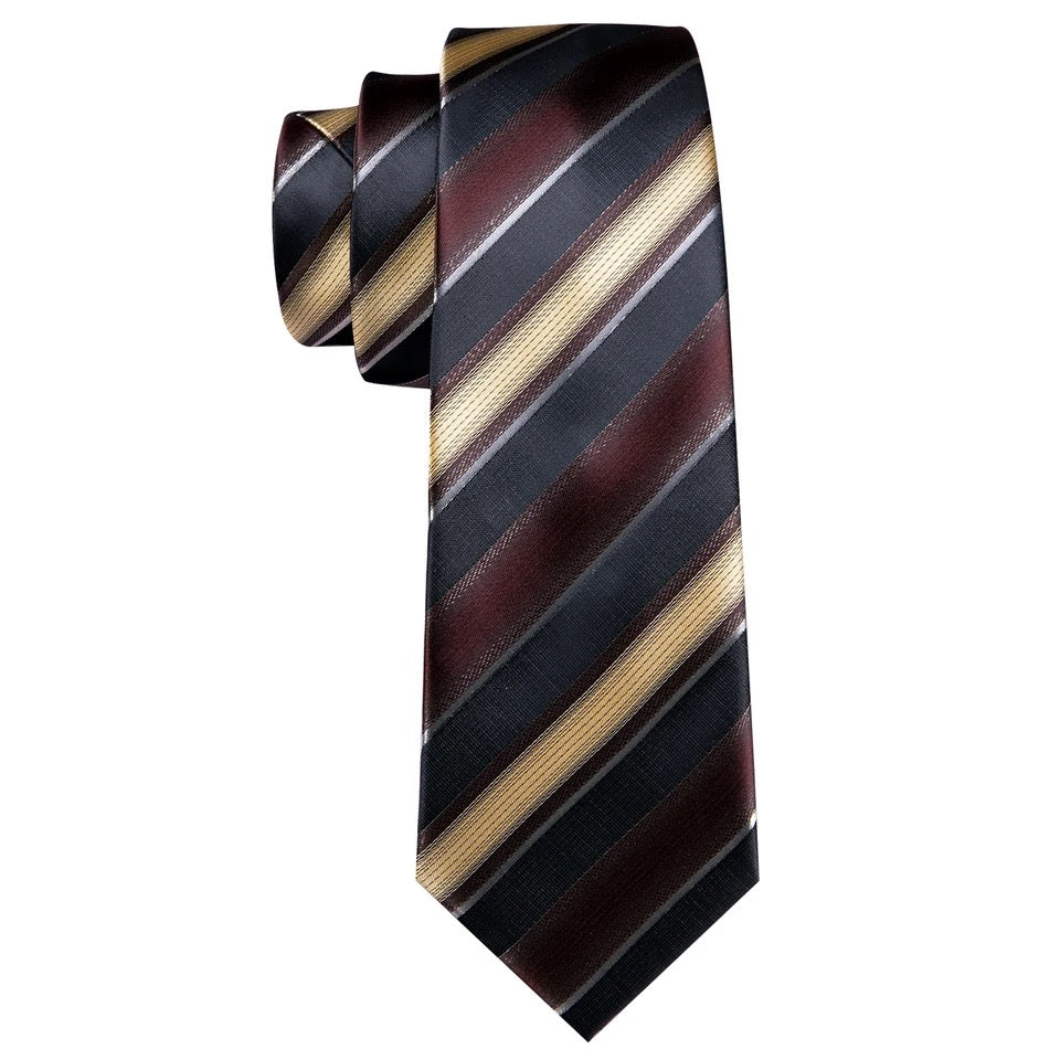 Men’s Silk Coordinated Tie Set - Brown Tan Striped