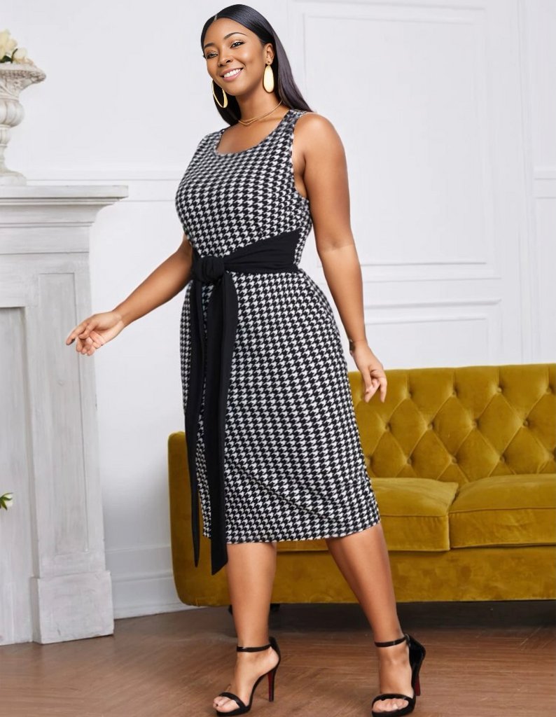 Houndstooth Open Front Coat and Tie Front Dress, US Sizes 0 - 20