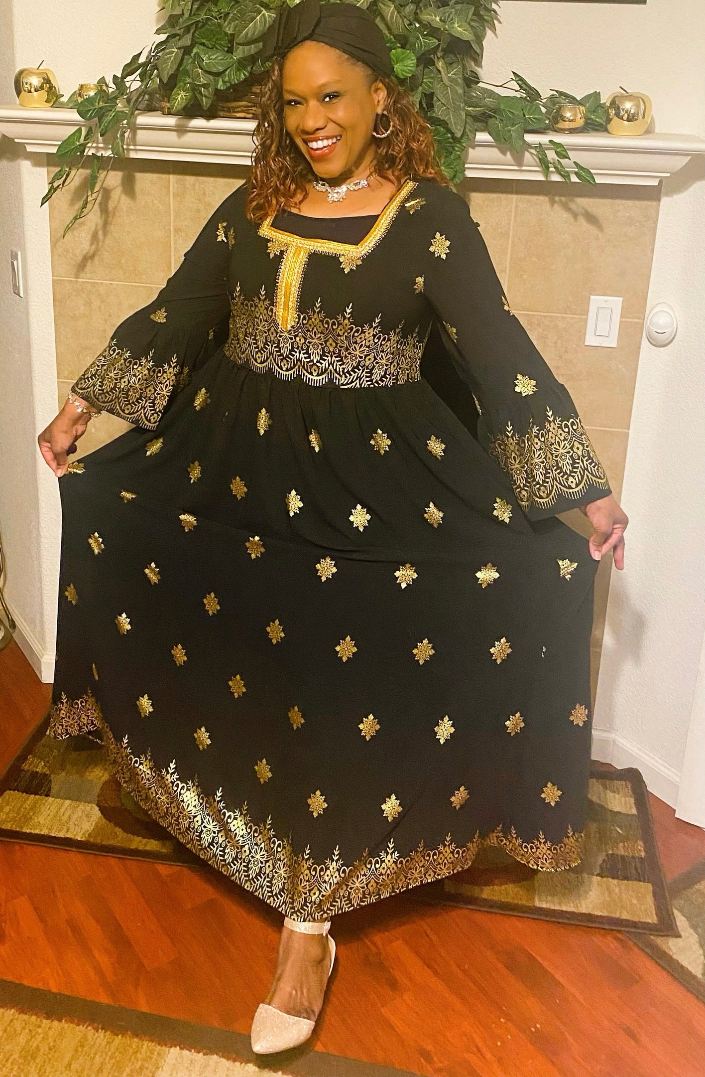 Elegant Arabic/Indian Golden Floral Trumpet Sleeve Dress, US Sizes 12 - 22