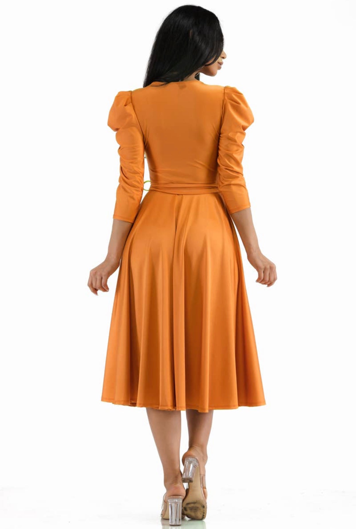 Puff Sleeve Cocktail Dress, Sizes 1X - 3X (Orange)