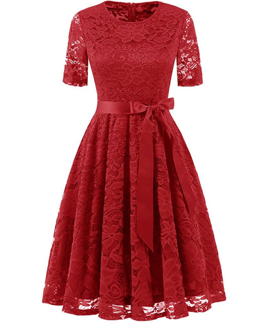 Vintage Inspired Full Lace Cocktail Dress, Sizes Small - 3XLarge (Red)