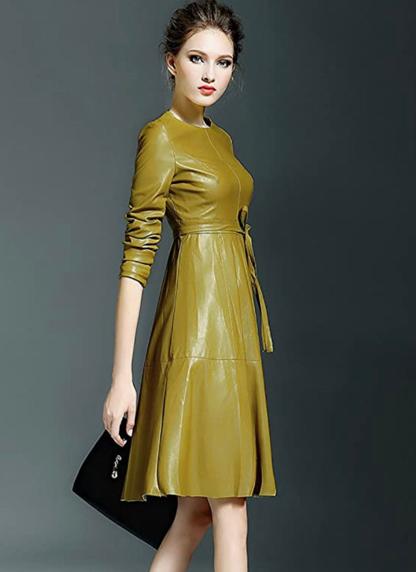 Faux Leather Midi Dress with Belt, US Sizes 2 - 12, Mustard and Black Available