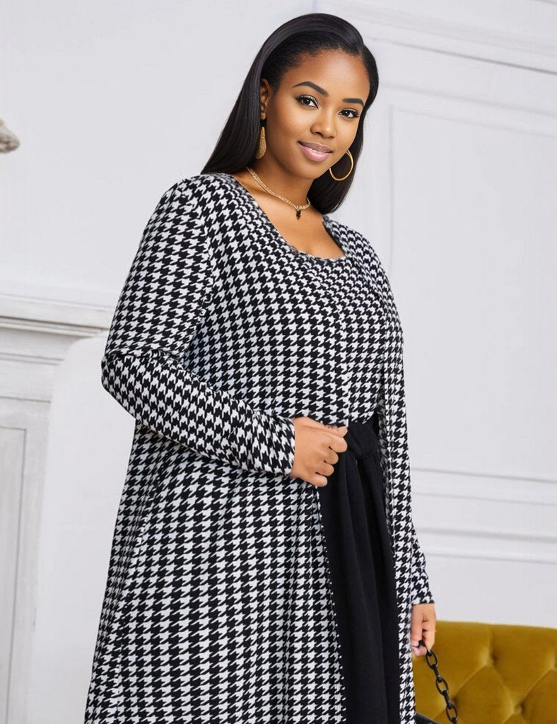 Houndstooth Open Front Coat and Tie Front Dress, US Sizes 0 - 20