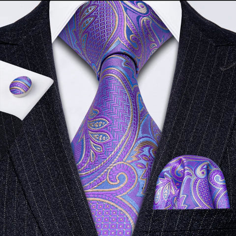 Men’s Silk Coordinated Tie Set - Light Violet Paisley (0364)