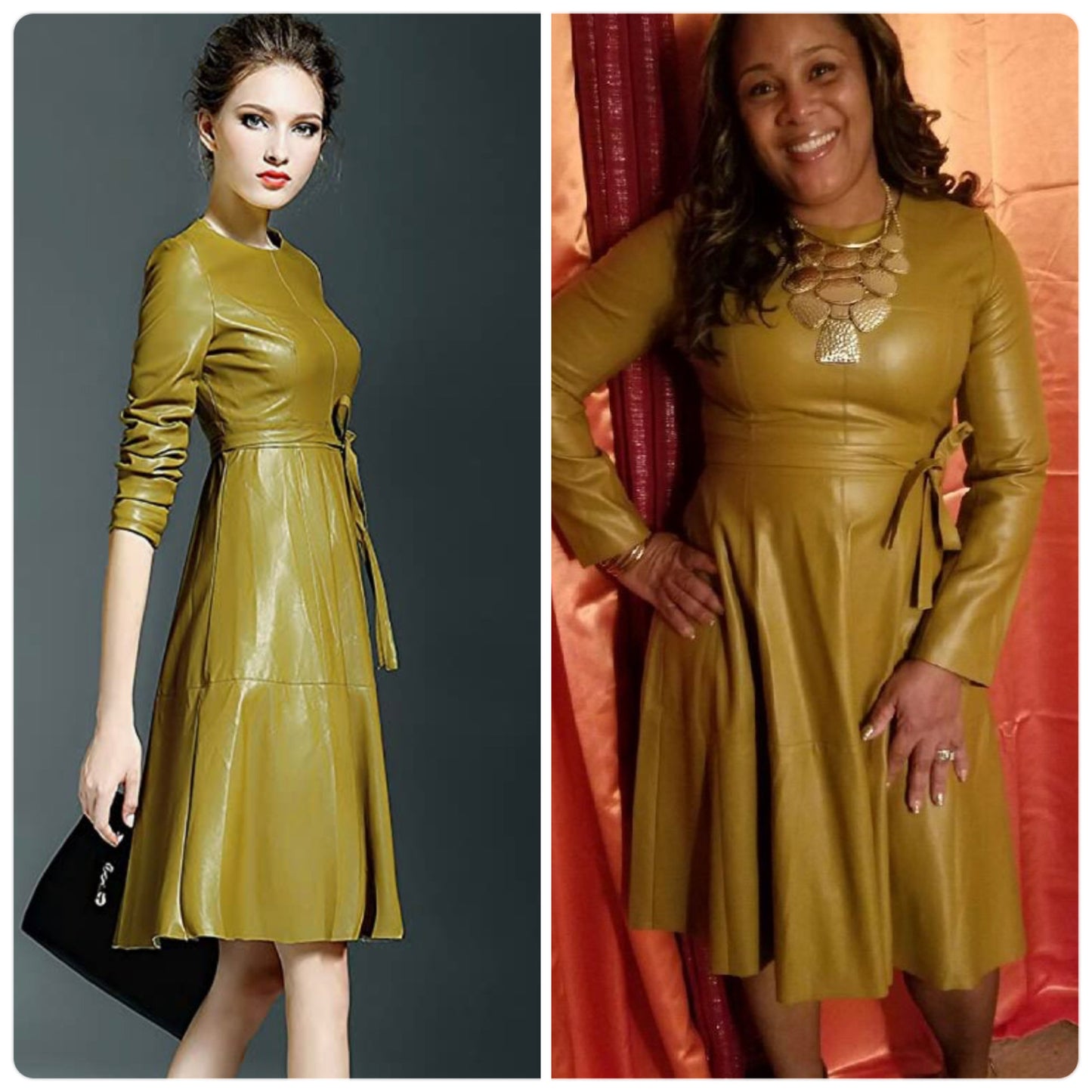 Faux Leather Midi Dress with Belt, US Sizes 2 - 12, Mustard and Black Available