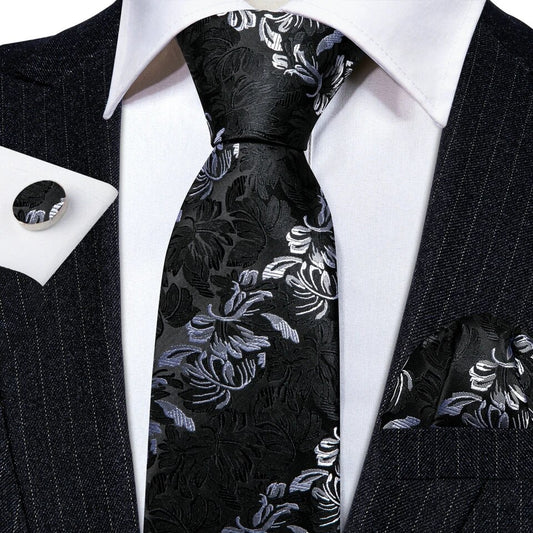 Men’s Silk Coordinated Tie Set - Black Silver Floral (5944)