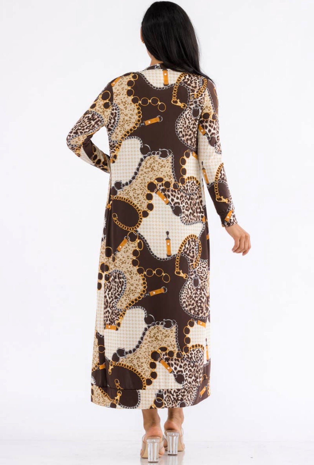 Two-Piece Dress and Cardigan Set, Sizes Small - 1XLarge (Chain Print)