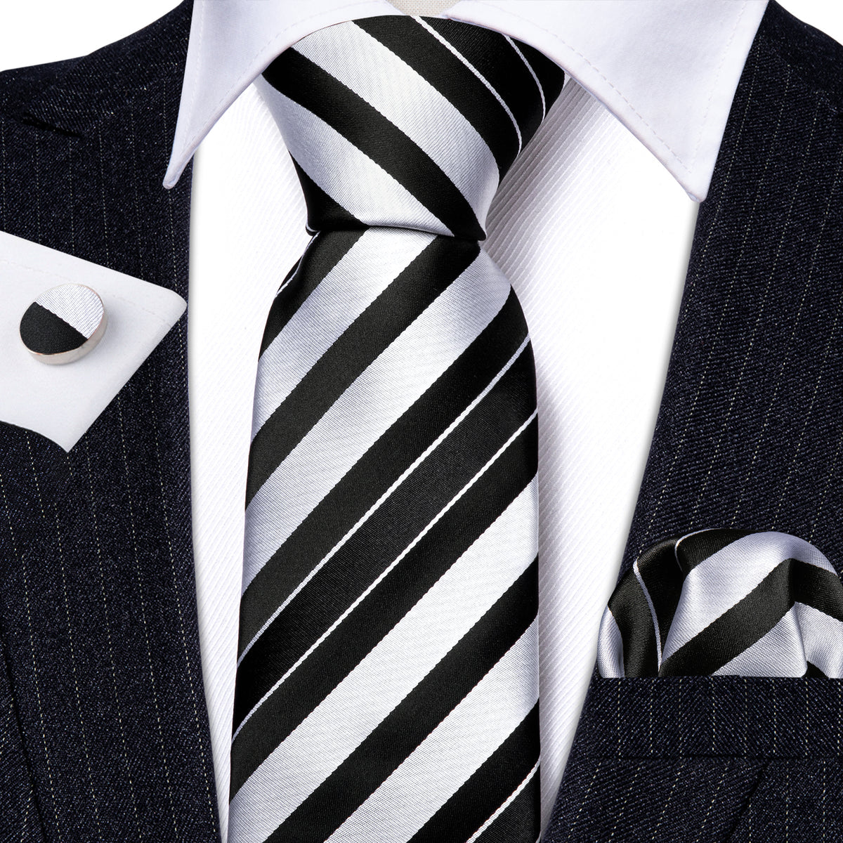 Men’s Silk Coordinated Tie Set - Black White Striped (5218)