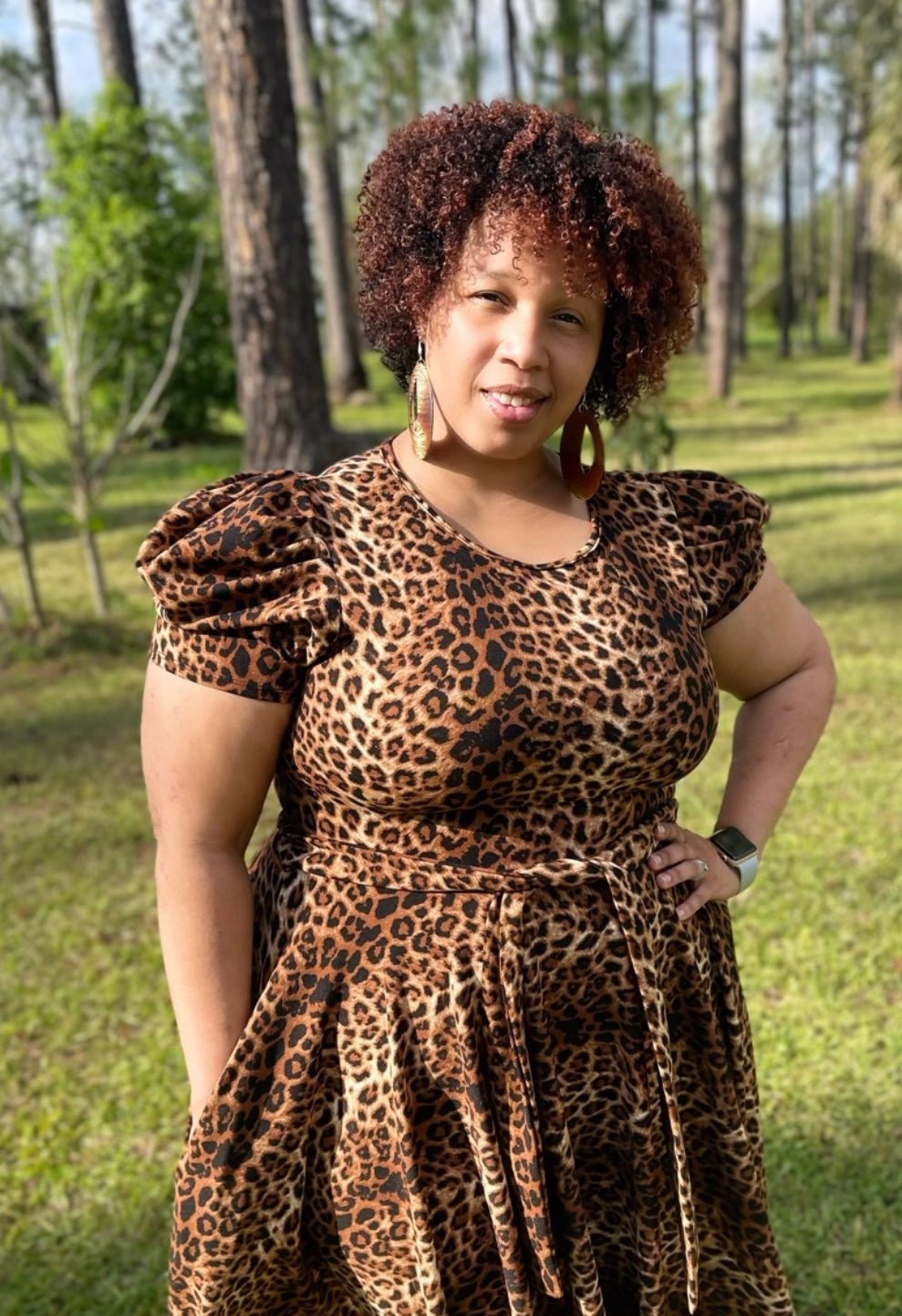 Puff Sleeve Leopard Print Dress, Sizes 1X - 3X (Dark Leopard Print)