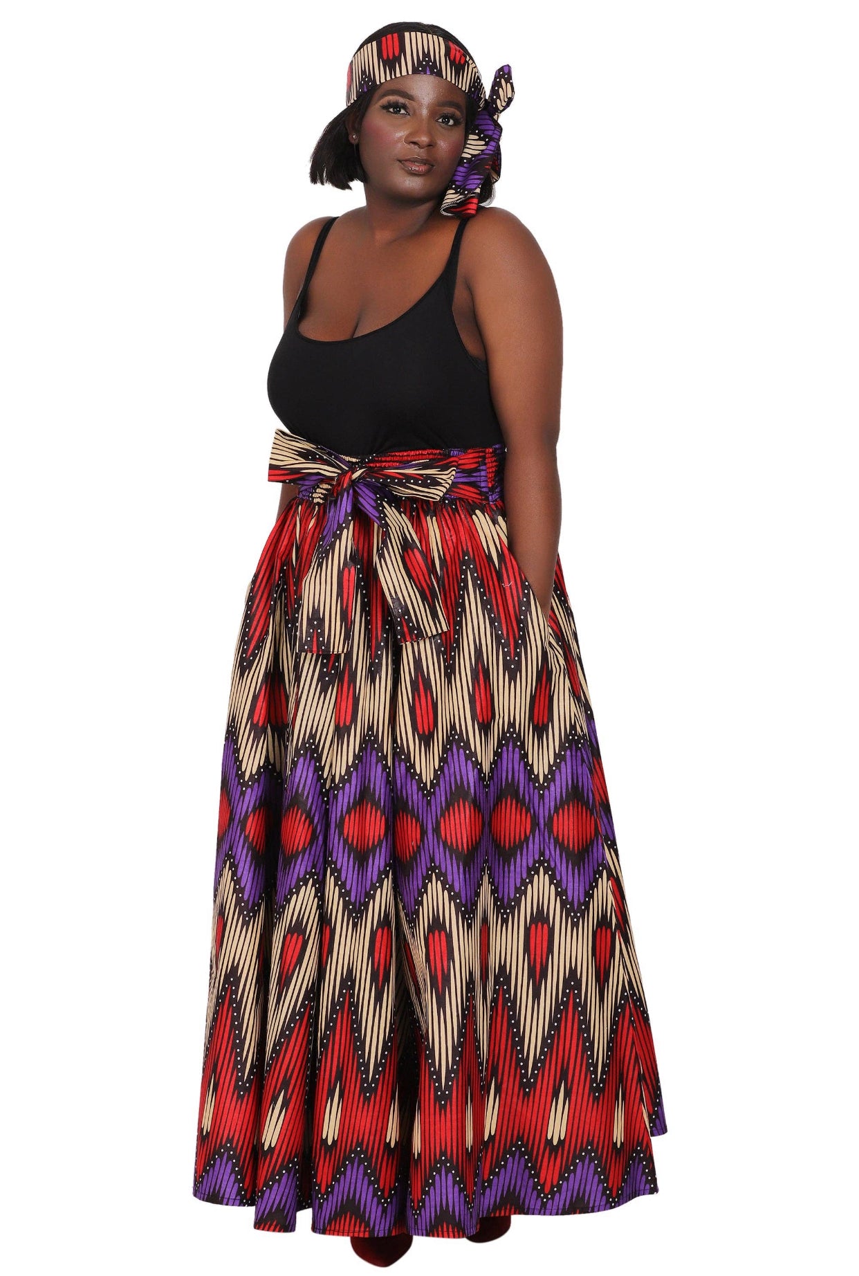 African Print Full Skirt with Coordinating Head Wrap (Purple, Red, Beige, Black)