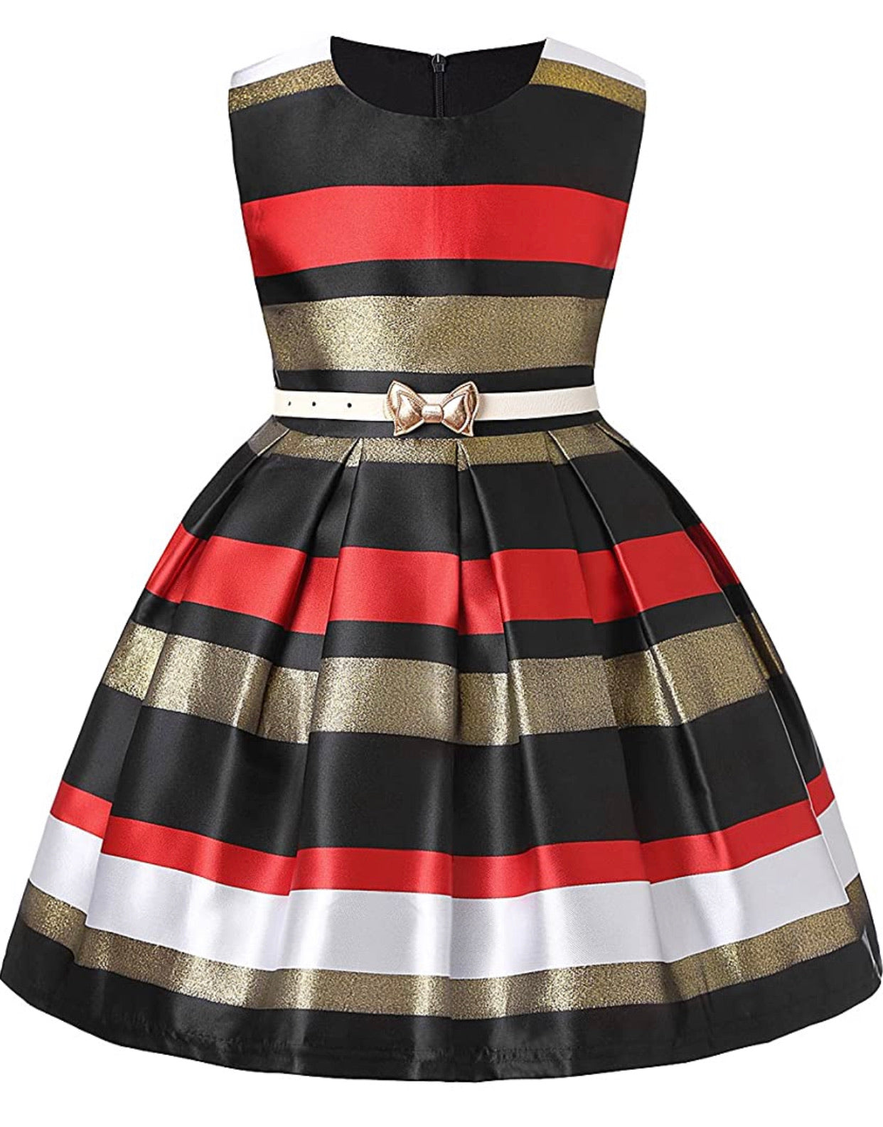Little girl’s gold, red, and black Striped Party Dress, Sizes 2T - 14 years
