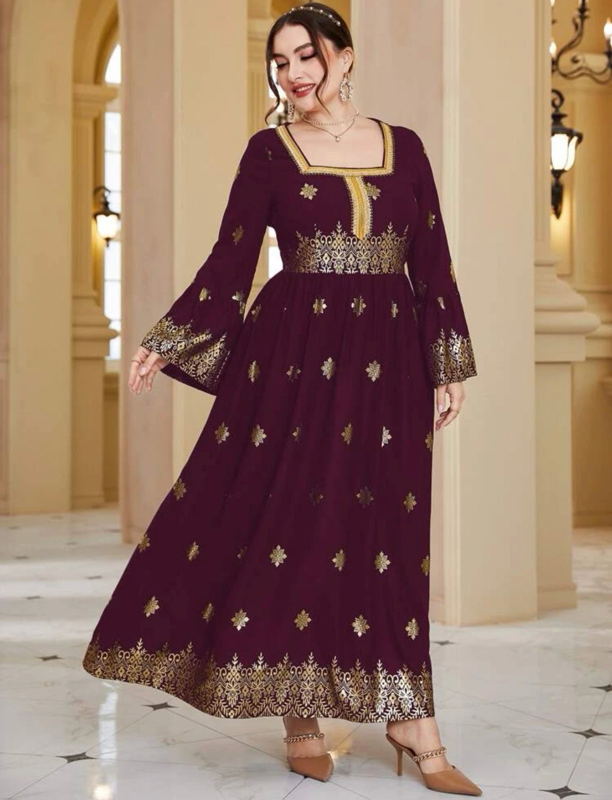 Elegant Arabic/Indian Golden Floral Trumpet Sleeve Dress, US Sizes 12 - 22