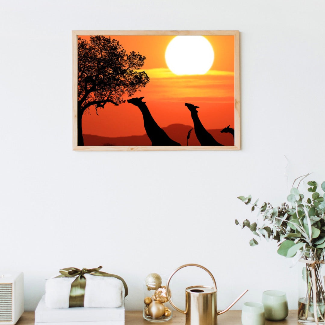 Beautiful 18” x 24” African Print Safari with Sunset in the background Framed Art