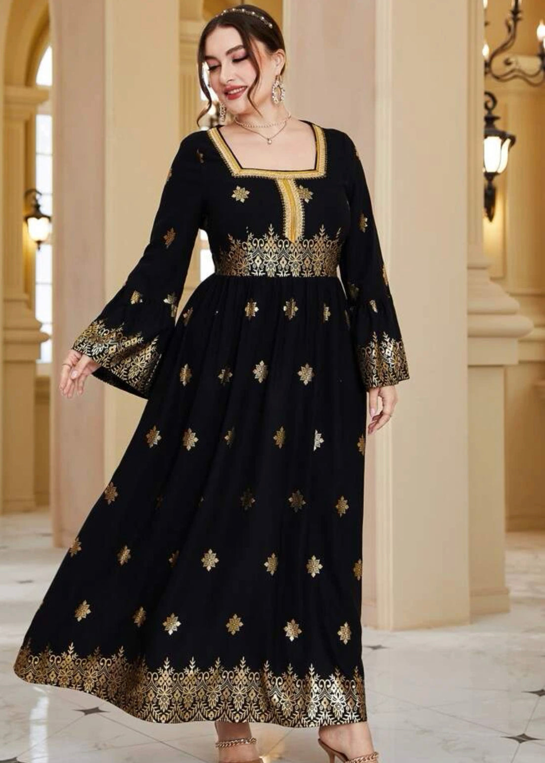 Elegant Arabic/Indian Golden Floral Trumpet Sleeve Dress, US Sizes 12 - 22