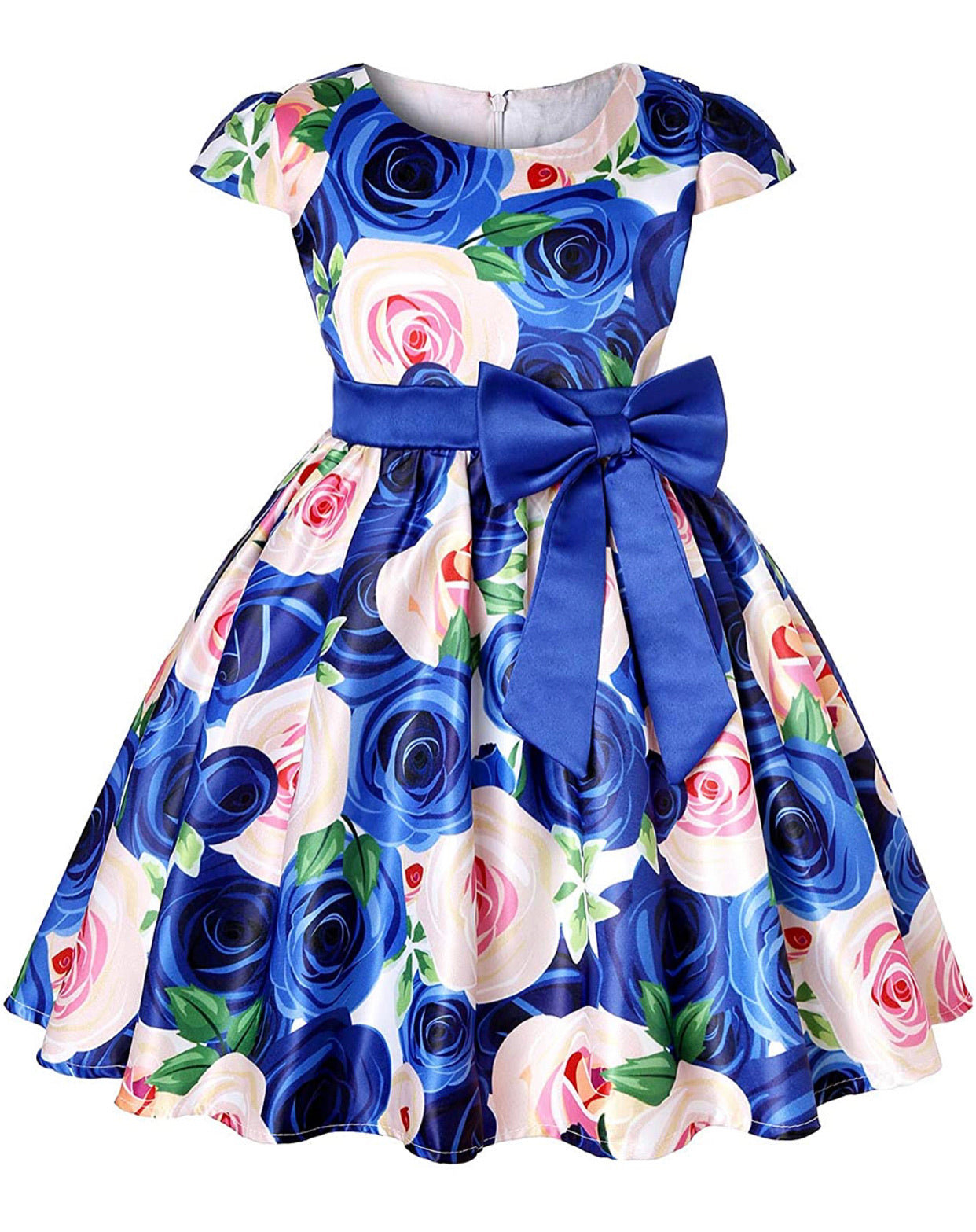 Little Girl’s Blue Floral Bow-Tie Party Dress, Sizes 2T - 14 years