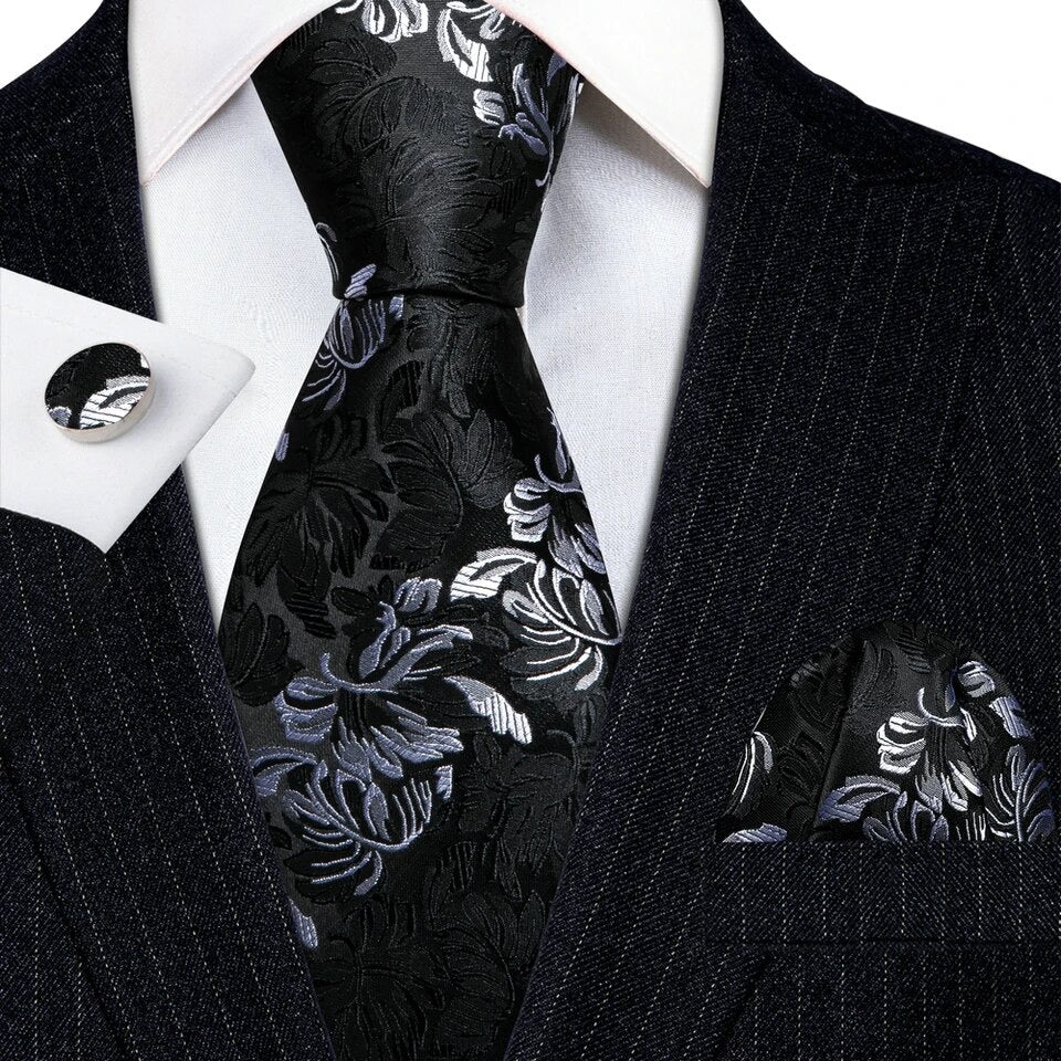 Men’s Silk Coordinated Tie Set - Black Silver Floral (5944)