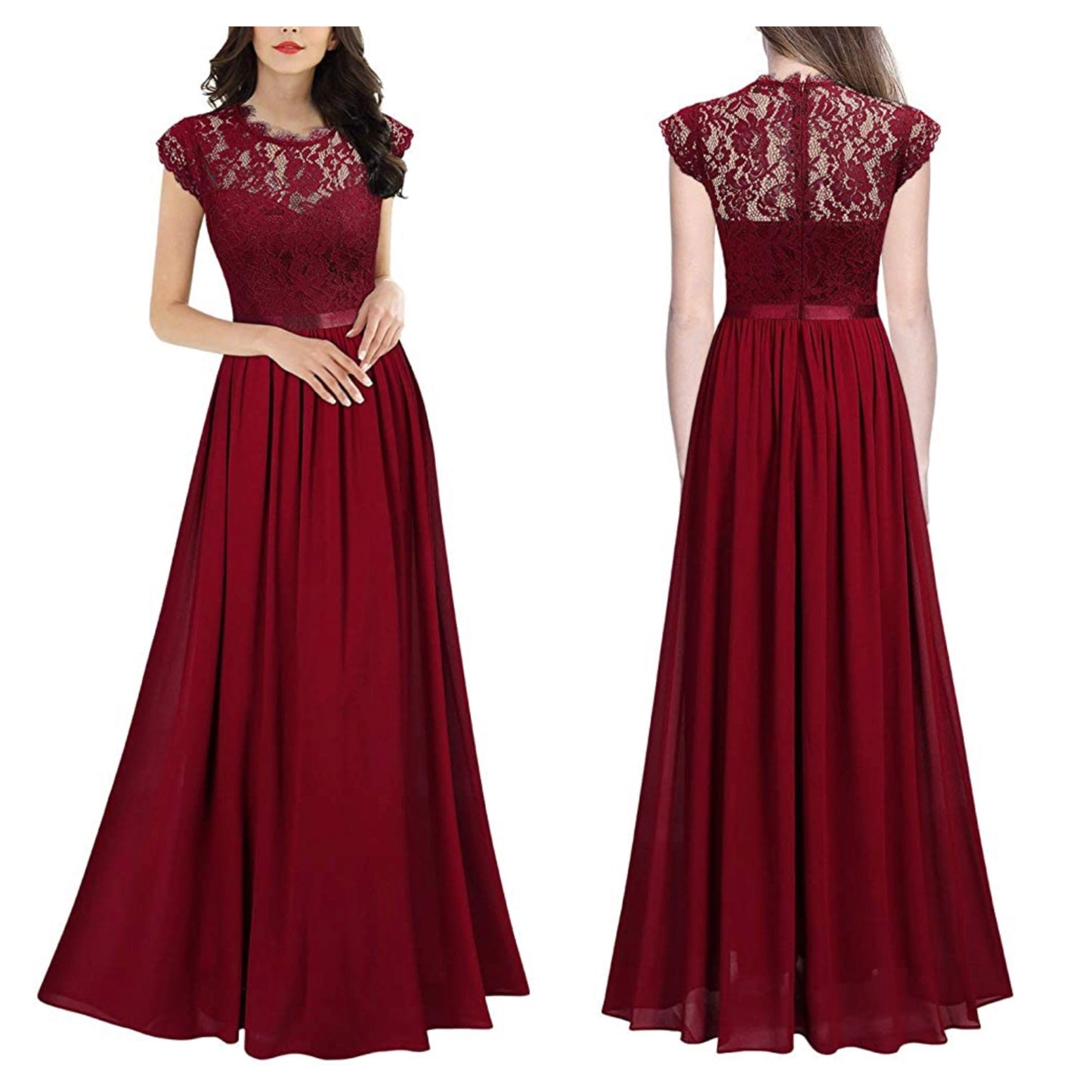 Floral Lace Long Length Dress, Sizes Small - 2XLarge (Red Dress)