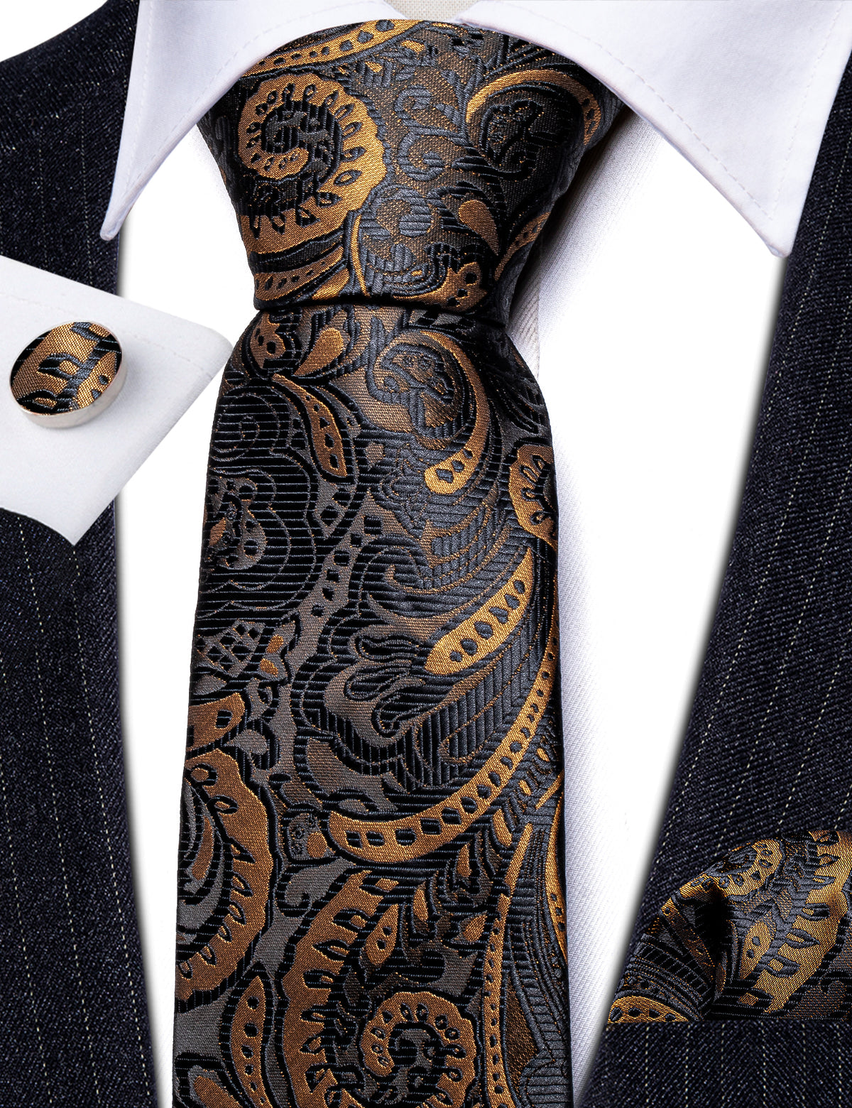 Men’s Silk Coordinated Tie Set - Black Gold Paisley (6055)