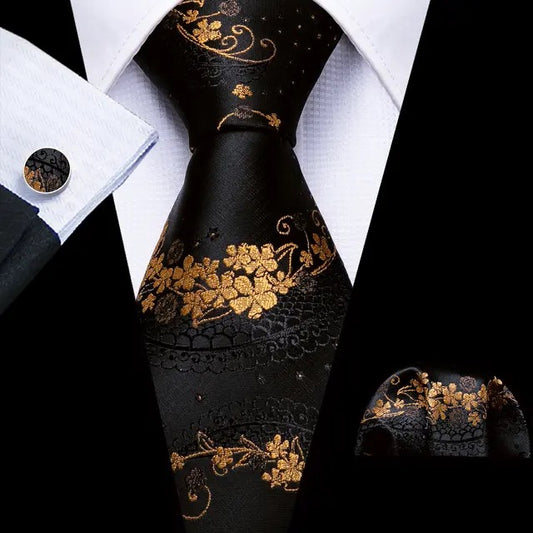 Men’s Silk Coordinated Tie Set - Gold Black Floral (5346)