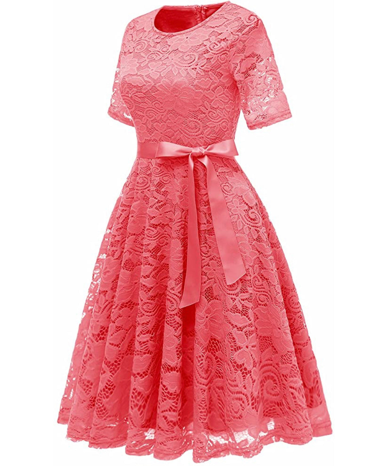 Vintage Inspired Full Lace Cocktail Dress, Sizes Small - 3XLarge (Coral)