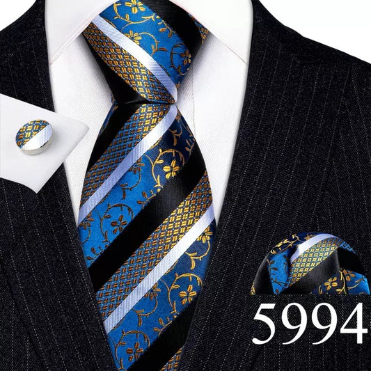 Men’s Silk Coordinated Tie Set - Blue Black Gold Stripe  (5994)