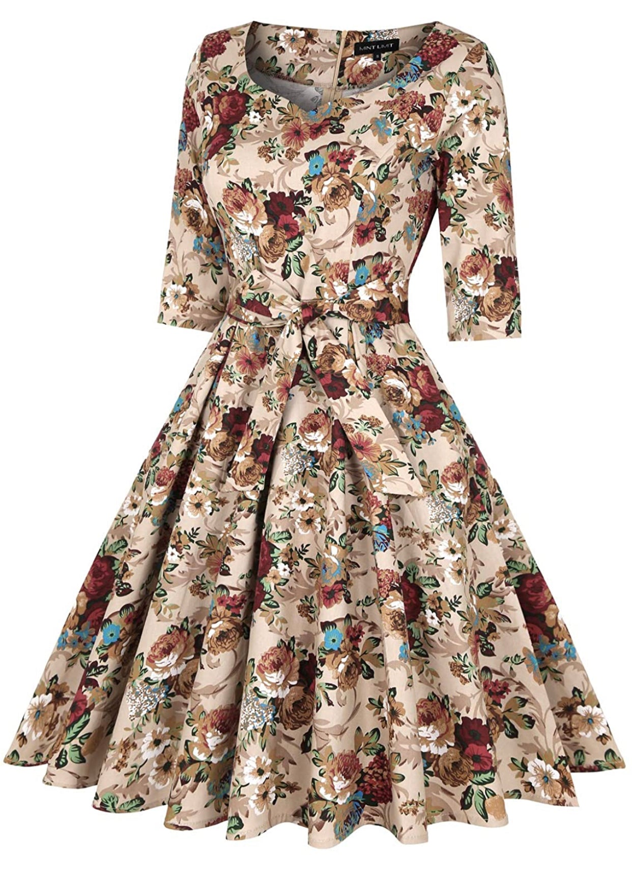 Sweetheart Neckline Rockability Floral Brown Dress, Sizes Small - 2XLarge (US Sized 4 - 22)