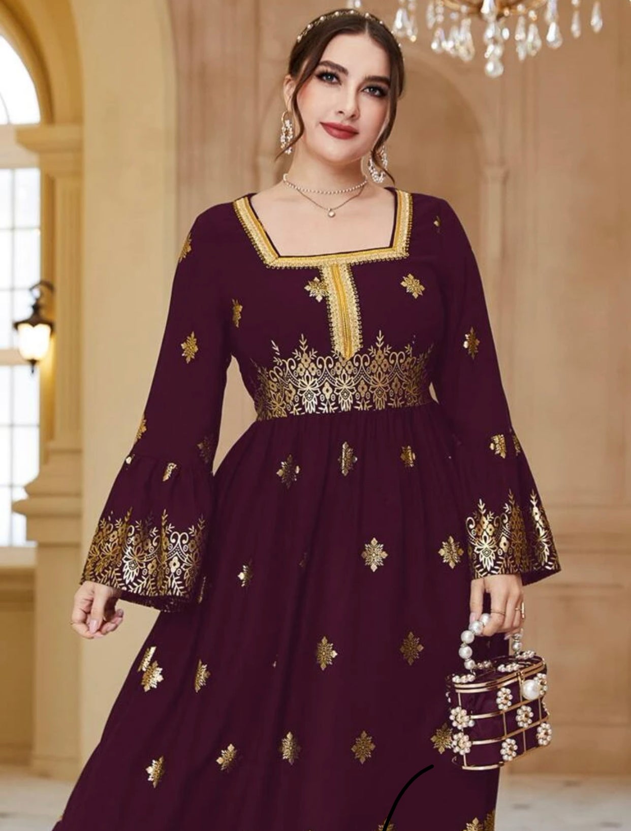 Elegant Arabic/Indian Golden Floral Trumpet Sleeve Dress, US Sizes 12 - 22