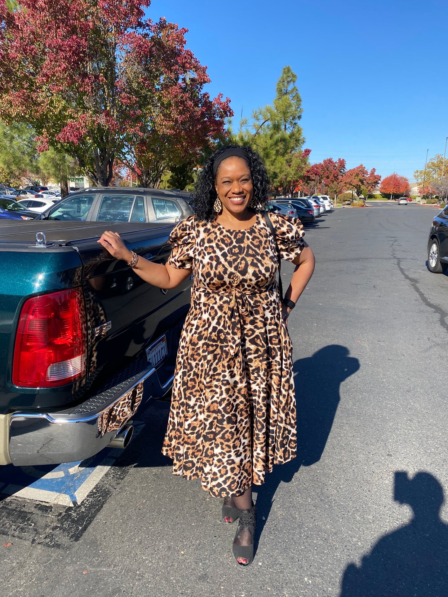 Puff Sleeve Leopard Print Dress, Sizes 1X - 3X (Light Leopard Print)