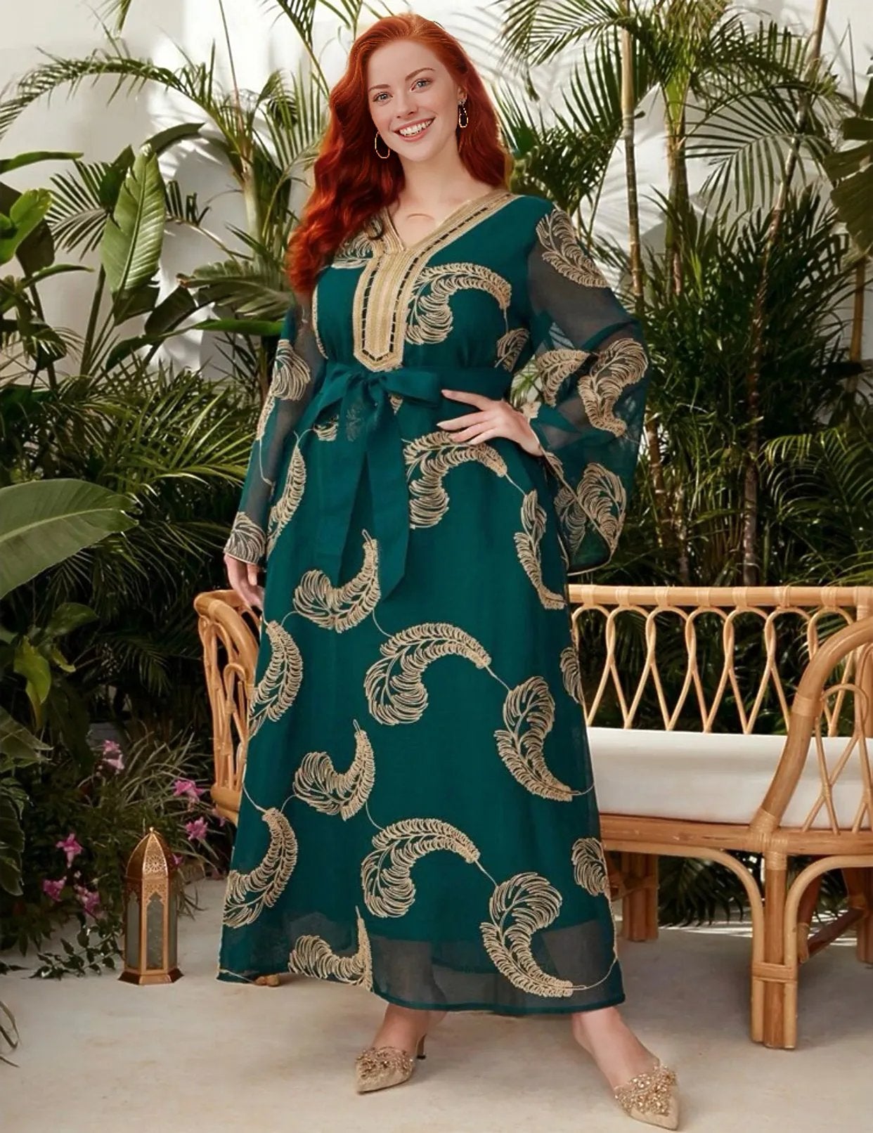 Feather Print Green Flow Dress, Sizes 0XL - 4XL (US 12 - 20)