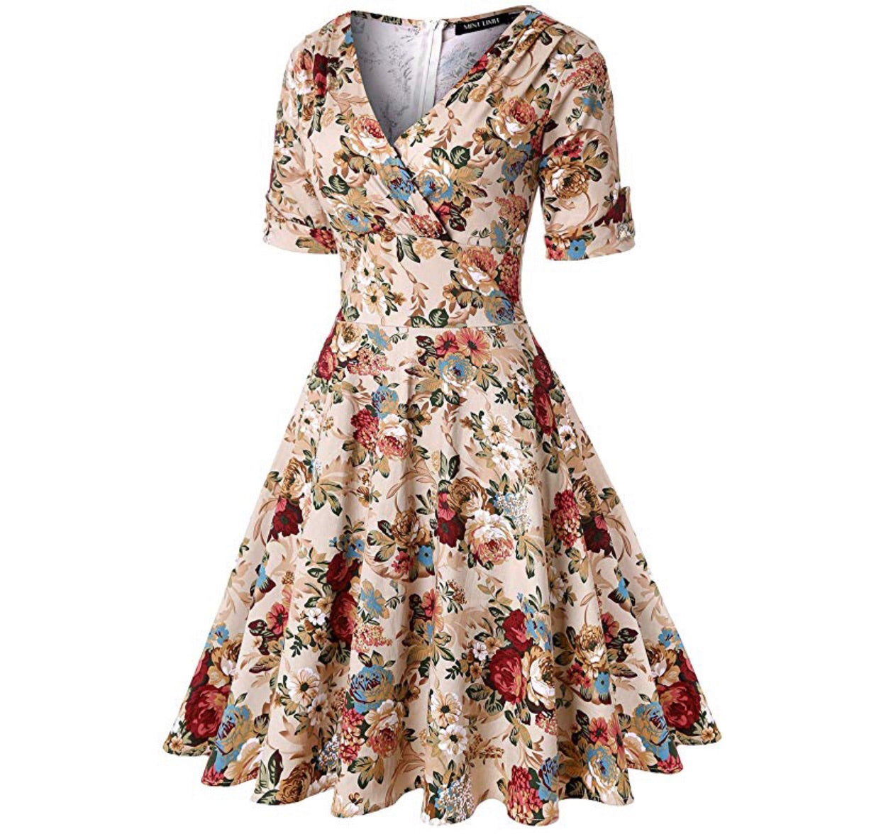 V-Neck Retro Look Swing Dress, Sizes Small - 2XLarge (US Sizes 4 - 22) Floral Apricot