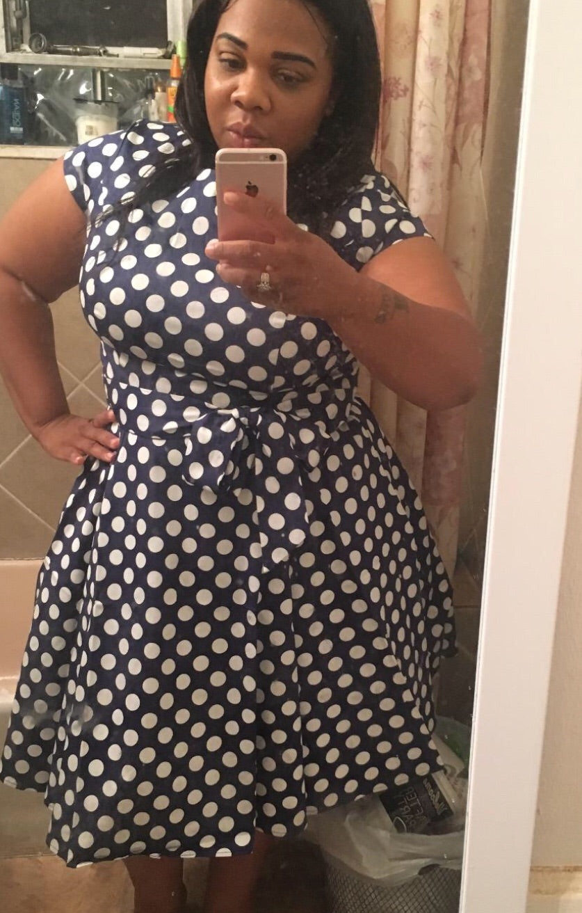 1950s Inspired Retro Inspired Dress, Navy Blue with Large White Polka Dots, Sizes XS - 3XL