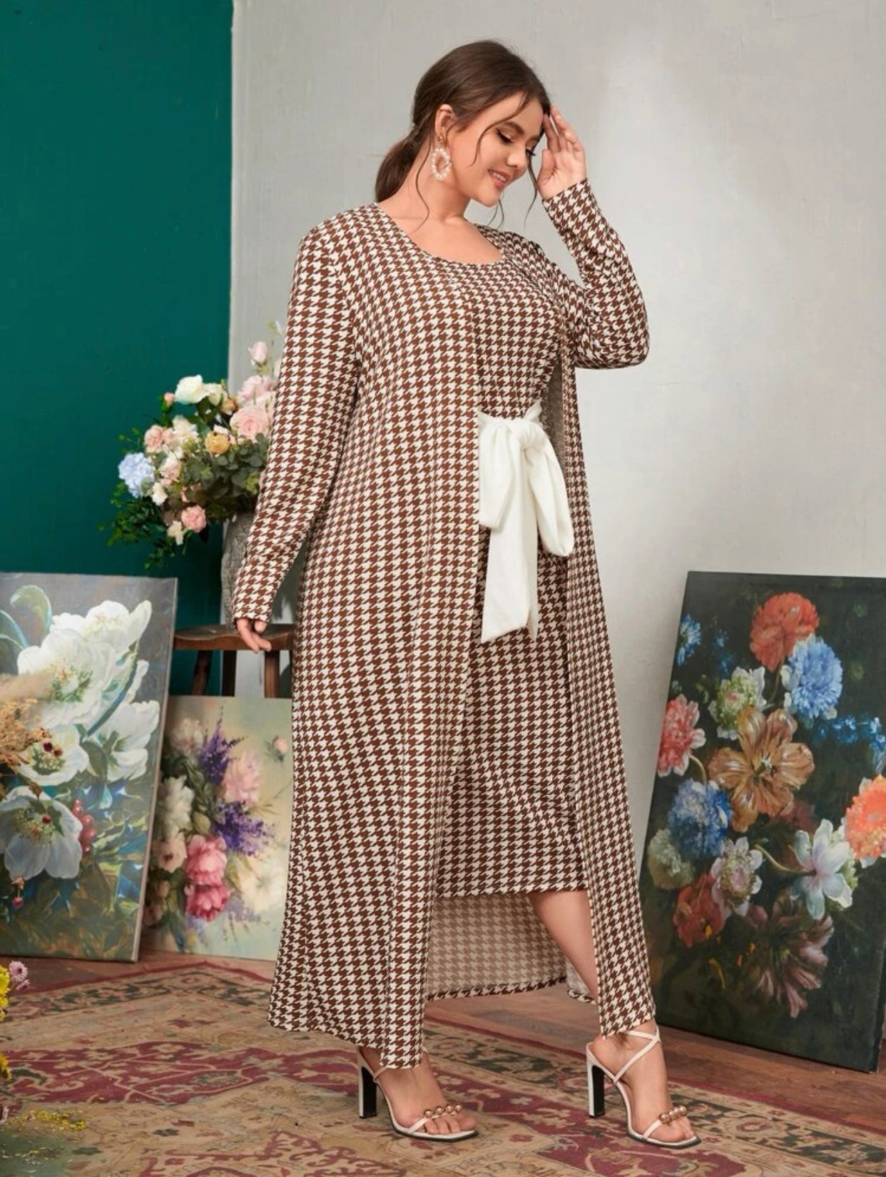 Brown Houndstooth Open Front Coat and Tie Front Dress, US Sizes 0 - 20