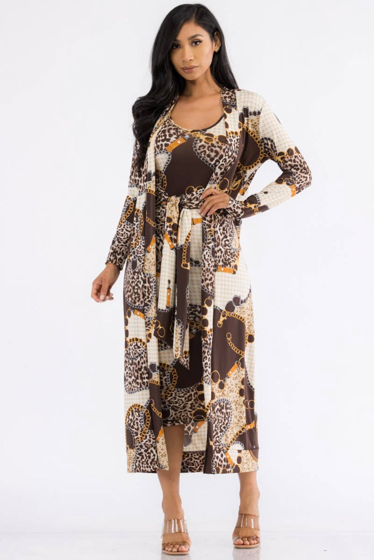 Two-Piece Dress and Cardigan Set, Sizes Small - 1XLarge (Chain Print)