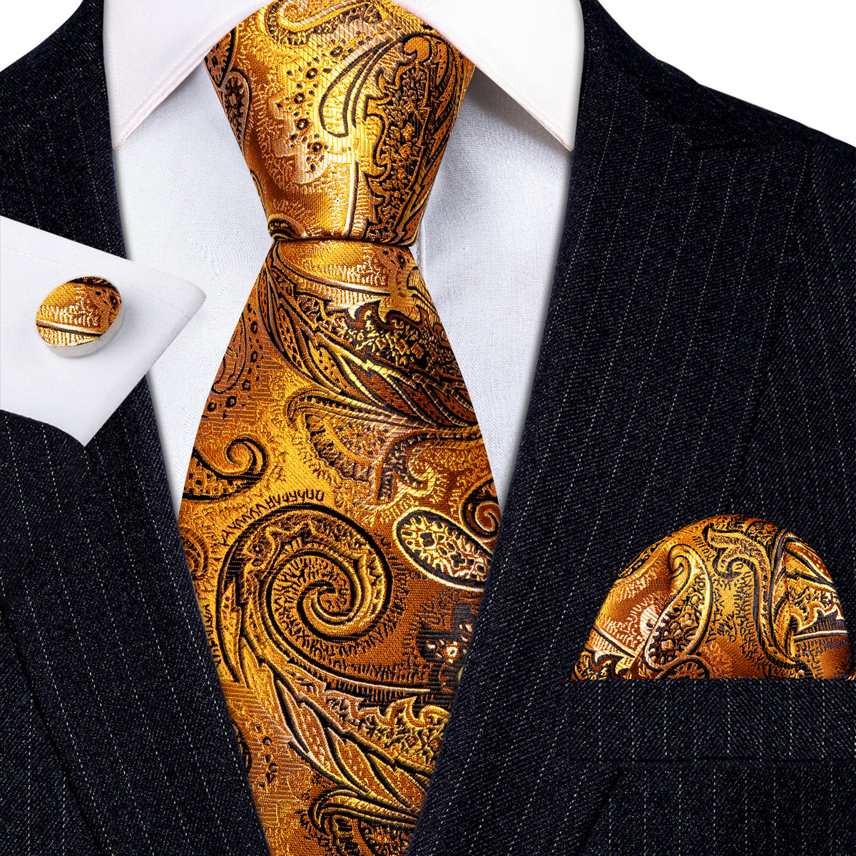 Men’s Silk Coordinated Tie Set - Golden Orange Black Paisley (5965)