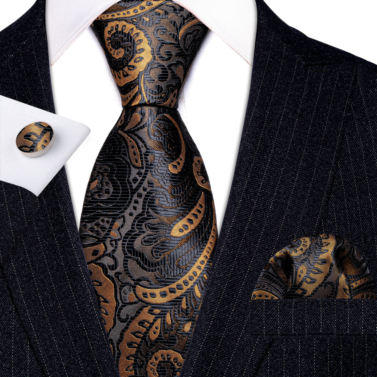 Men’s Silk Coordinated Tie Set - Black Gold Paisley (6055)