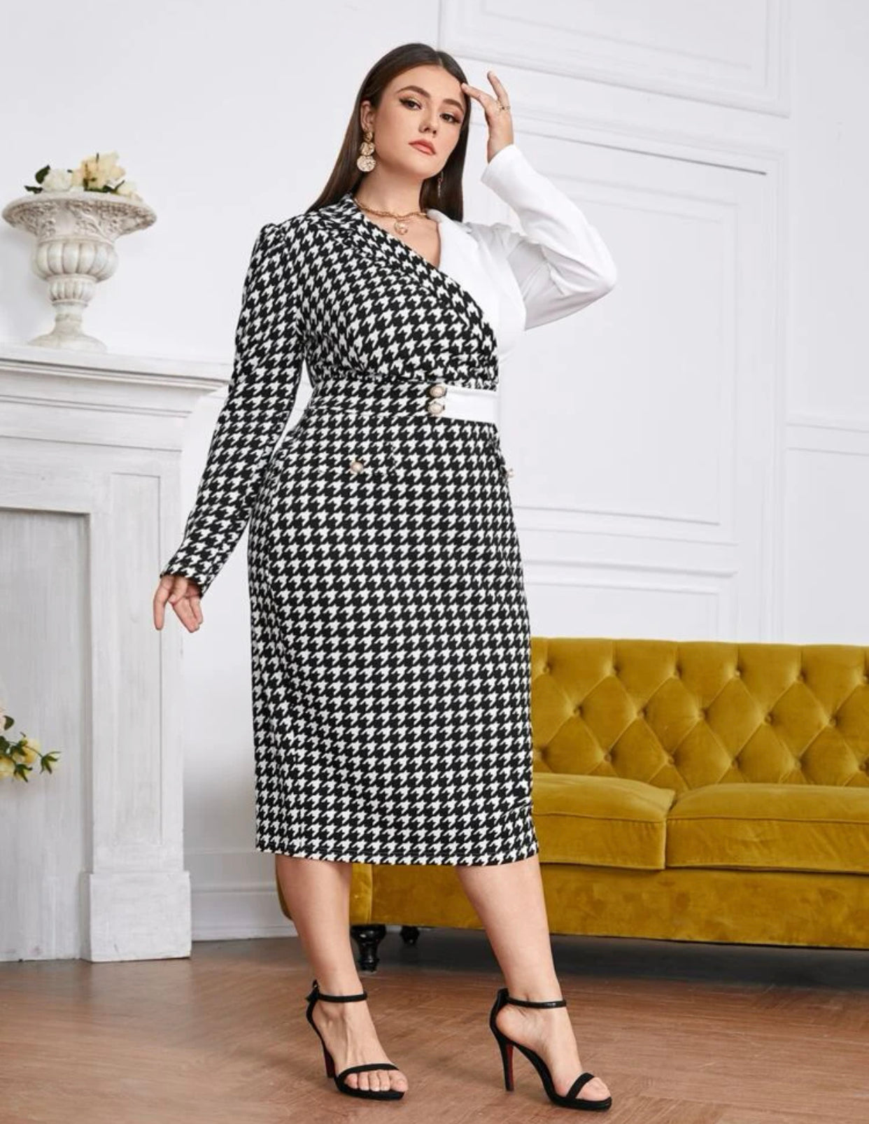 Houndstooth Lapel Collar Dress, US Sizes 12 - 20