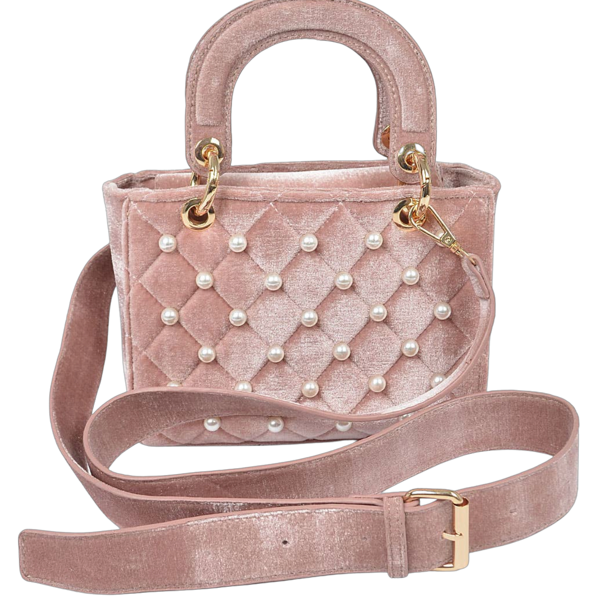 Quilted Velvet Crossbody Bag with Pearl