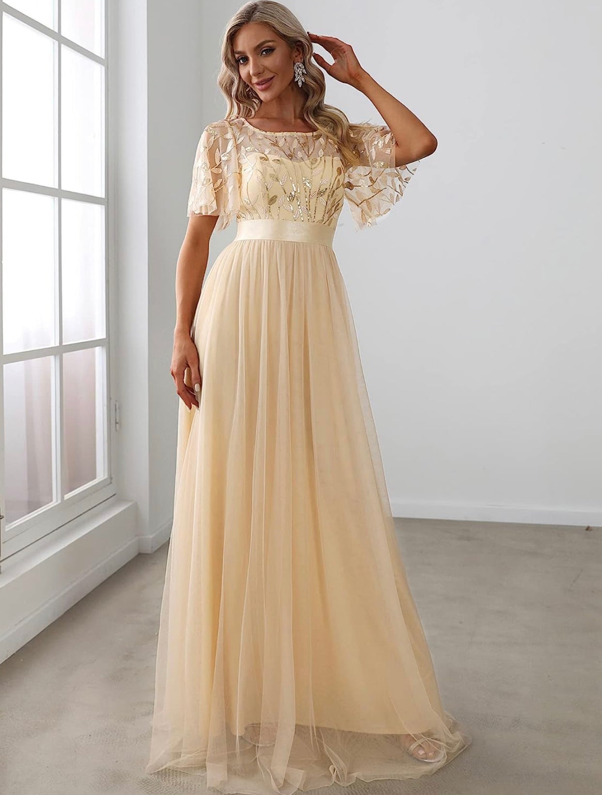 Empire Waist Embroidery Formal Dress (US Sizes 4 - 26) Champagne