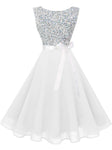Boatneck Sleeveless Retro Inspired Dress, Sizes XSmall - 3XLarge (US Size 0 - 18W) White Silver Sequin